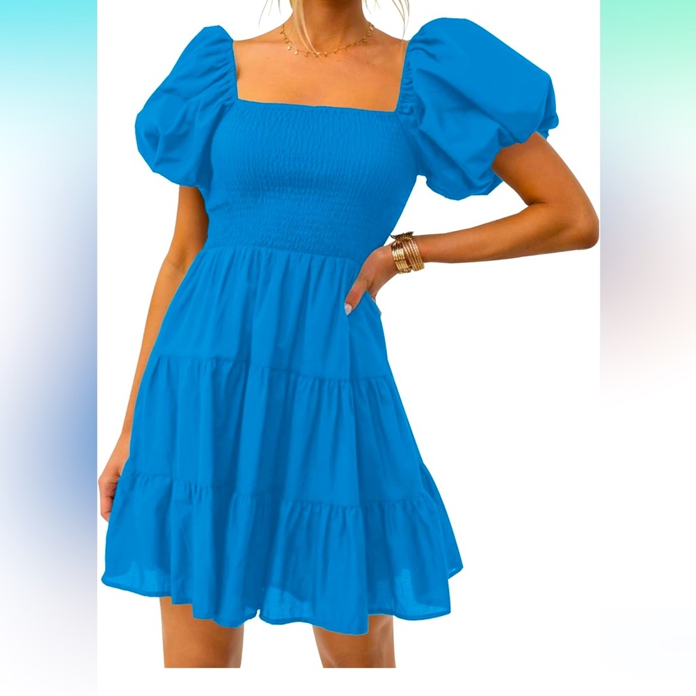 Cute smocked blue ruffle short sleeve dress